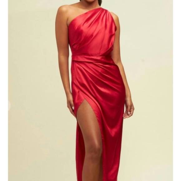 NEW LUXXEL one shoulder satin drape dress in red - Picture 1 of 3